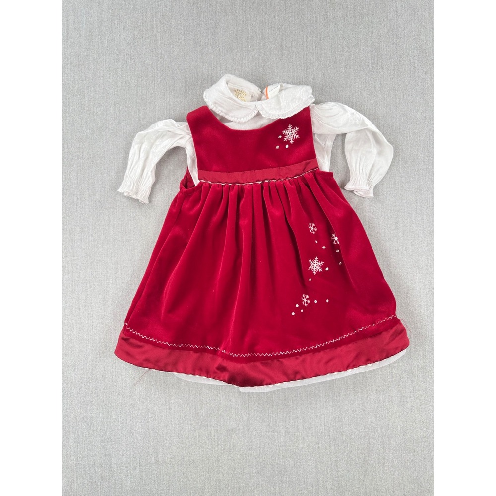 Vintage Little Bitty Baby Girls Red Velvet Snowflake Christmas Dress 12 Months